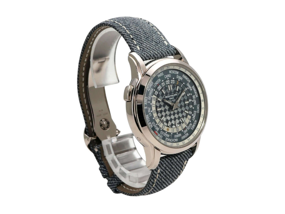 Patek Philippe World Time 5330G-001 mit Jeansband und poliertem Weißgoldgehäuse, Automatik Uhrenfunktion.