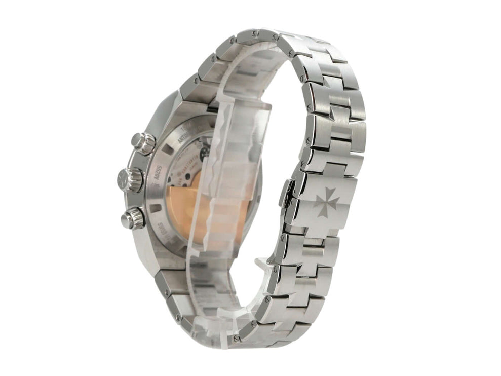 Vacheron Constantin Overseas Chronograph Ref. 5520V/210A-B686 mit Edelstahlgehäuse und -band von der Seite betrachtet.