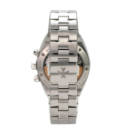 Vacheron Constantin Overseas Chronograph Ref. 5520V/210A-B686 Uhr mit Edelstahlarmband und charakteristischer Rückseite.