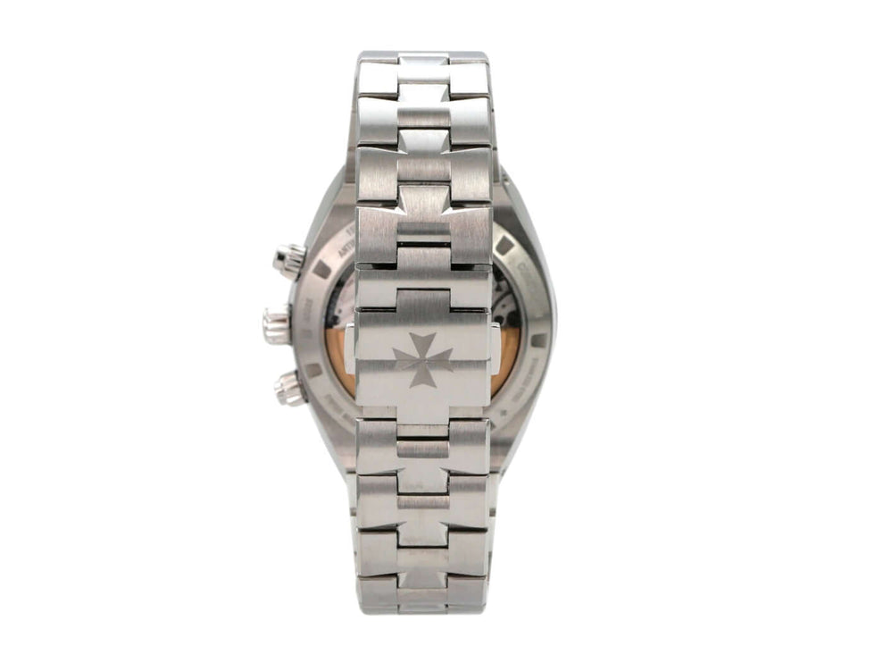 Vacheron Constantin Overseas Chronograph Ref. 5520V/210A-B686 Uhr mit Edelstahlarmband und charakteristischer Rückseite.