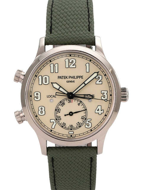 Patek Philippe Calatrava Pilot Travel Time Weißgold 5524G-010 mit ivory Zifferblatt und khakigrünem Textilarmband