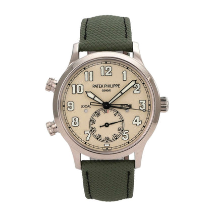 Patek Philippe Calatrava Pilot Travel Time Weißgold 5524G-010 mit khakigrünem Textilarmband und ivory Zifferblatt