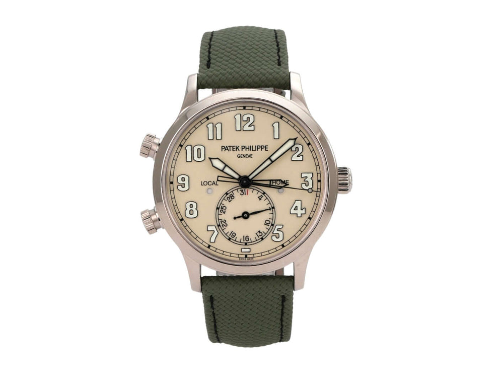 Patek Philippe Calatrava Pilot Travel Time Weißgold 5524G-010 mit khakigrünem Textilarmband und ivory Zifferblatt