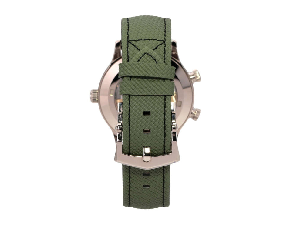 Rückansicht des Patek Philippe Calatrava Pilot Travel Time Weißgold 5524G-010 mit khakigrünem Textilarmband.