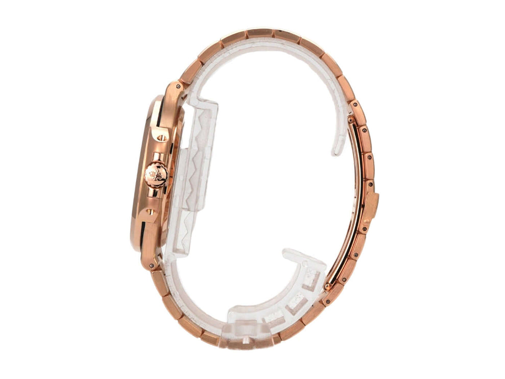 Patek Philippe Nautilus Roségold 5711/1R-001 seitliche Ansicht mit glänzendem Roségoldarmband und transparentem Gehäuse.