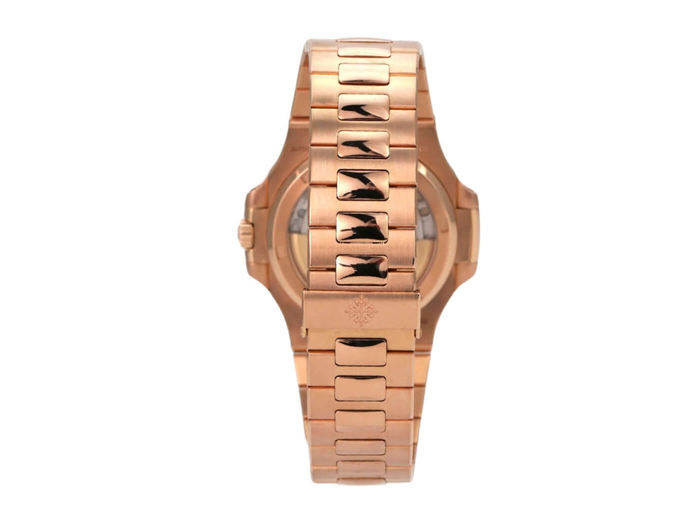 Patek Philippe Nautilus Roségold 5711/1R-001 Rückansicht des Roségoldbands und Gehäuses.