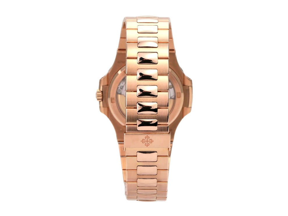 Patek Philippe Nautilus Roségold 5711/1R-001 Ansicht von der Seite mit Roségoldarmband und poliertem Gehäuse.