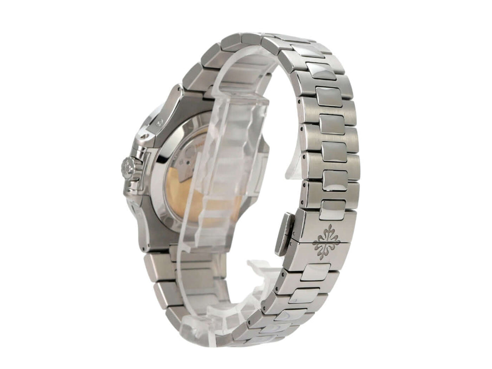Patek Philippe Nautilus Annual Calendar Mondphase 5726/1A-014 Edelstahlarmband von der Seite mit transparentem Halter.
