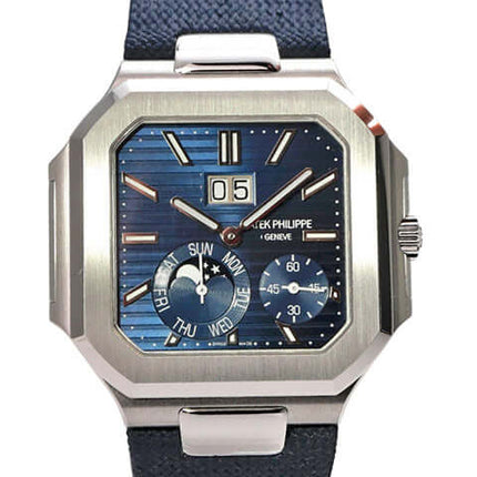 Patek Philippe Cubitus 5822P-001 Platin in poliertem Platin mit blauem Zifferblatt und Textilband.