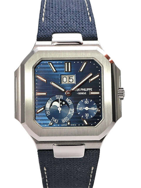 Patek Philippe Cubitus 5822P-001 Platin in poliertem Platin mit blauem Zifferblatt und Textilband.
