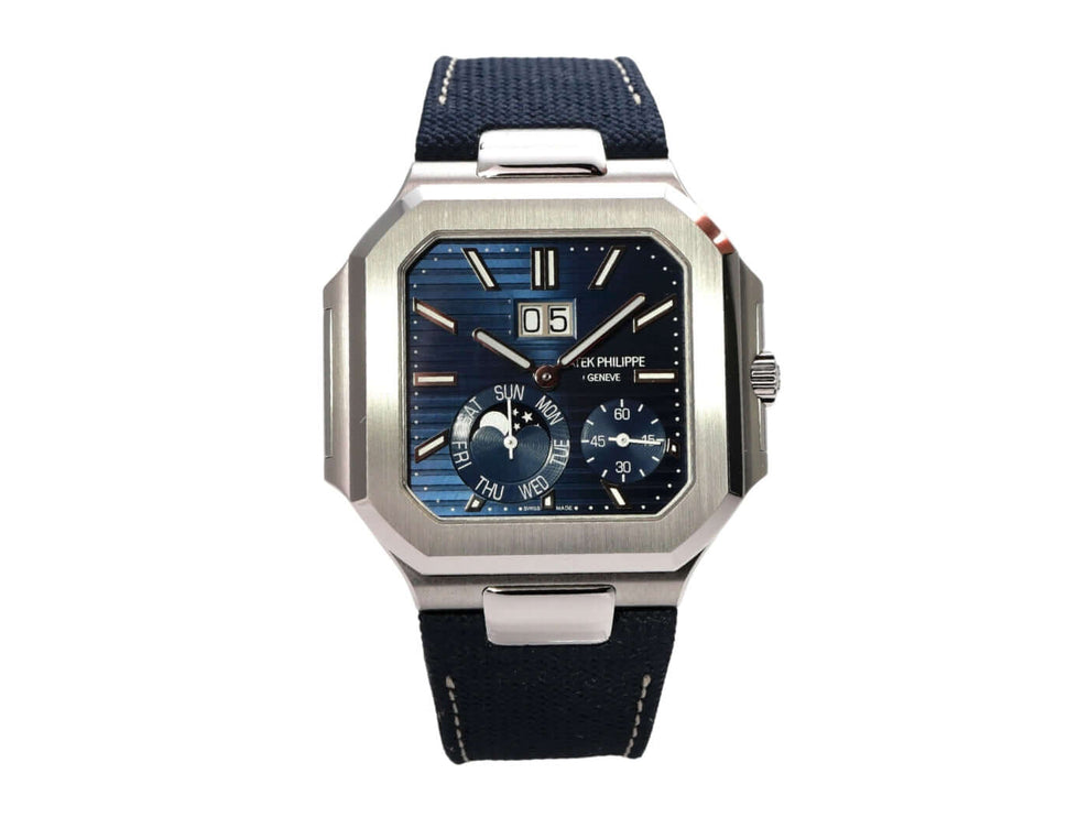 Patek Philippe Cubitus 5822P-001 Platin mit blauem Textilband und Zifferblatt im Sonnenschliff.