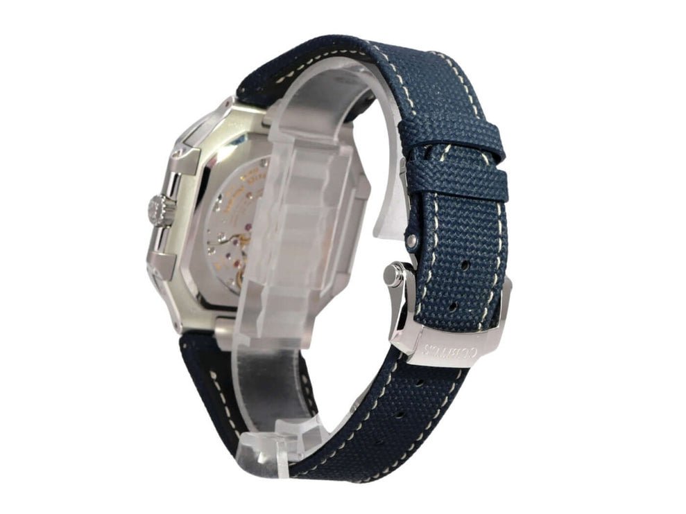 Patek Philippe Cubitus 5822P-001 Platin mit blauem Textilband und Sichtboden aus Saphirglas.