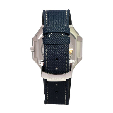 Patek Philippe Cubitus 5822P-001 Platin mit blauem Textilband und Faltschließe von hinten