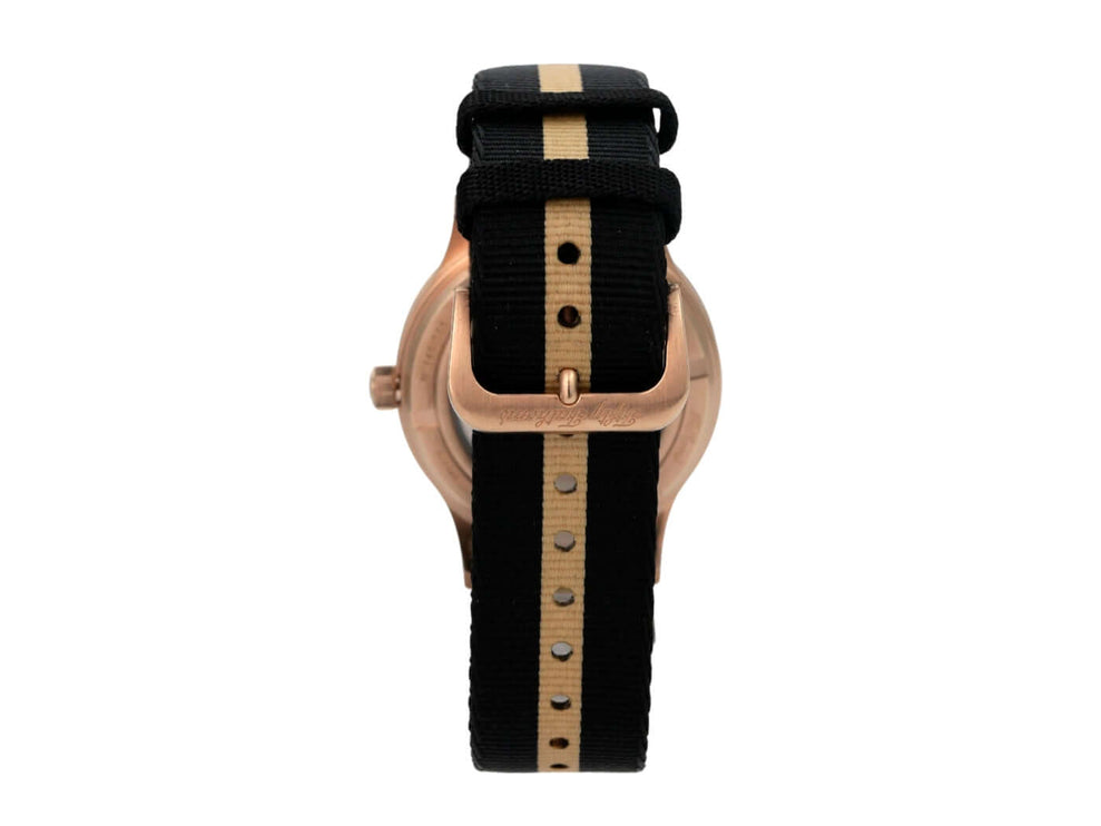 Blancpain Fifty Fathoms 70th Anniversary Act 3 5901-5630-NANA Rückansicht mit schwarzem Natoband und Bronzegold-Gehäuse.