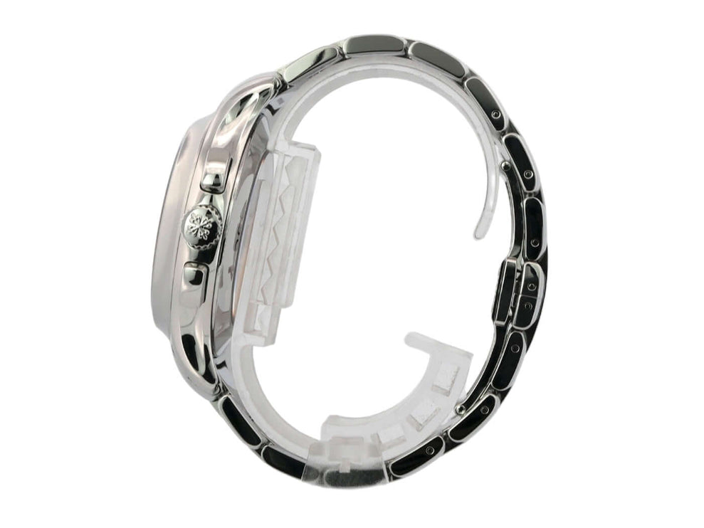 Seitenansicht des Patek Philippe Annual Calendar Chronograph 5905/1A-001 aus poliertem Edelstahl mit polierter Edelstahl-Lünette und Armband.