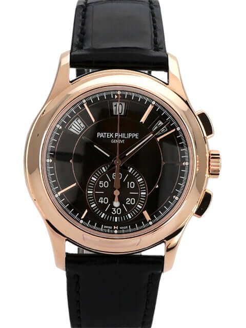 Patek Philippe Ref. 5905R-001 Annual Calendar Uhr mit schwarzem Zifferblatt und Roségold-Gehäuse.