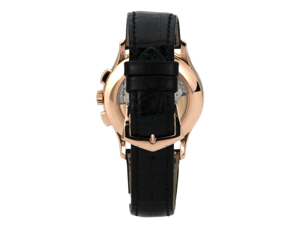 Patek Philippe Ref. 5905R-001 Annual Calendar Armbanduhr mit schwarzem Lederarmband und Roségold-Gehäuse.