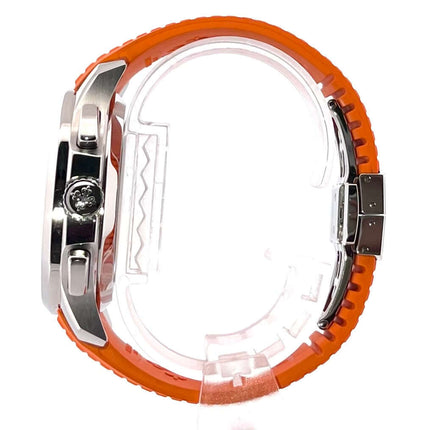 Patek Philippe Aquanaut Chronograph 5968A-001 Seitenansicht mit orangefarbenem Kautschukarmband und Edelstahlgehäuse