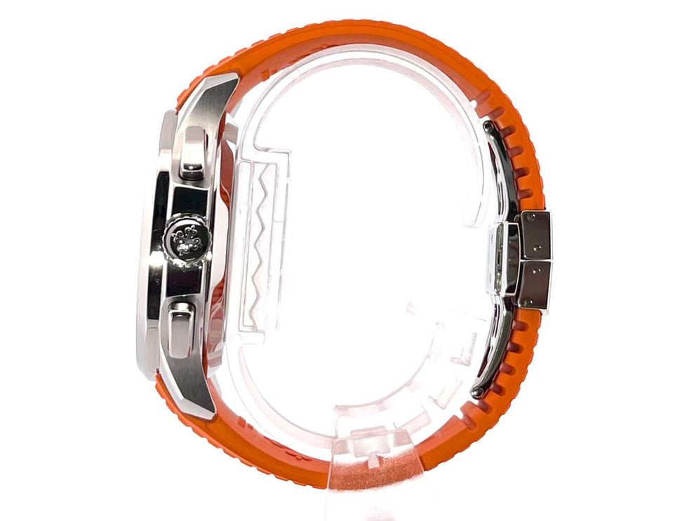 Patek Philippe Aquanaut Chronograph 5968A-001 Seitenansicht mit orangefarbenem Kautschukarmband und Edelstahlgehäuse