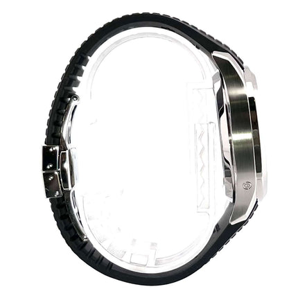 Seitenansicht der Patek Philippe Aquanaut Chronograph 5968A-001 mit schwarzem Kautschukband und poliert-satiertem Edelstahlgehäuse.