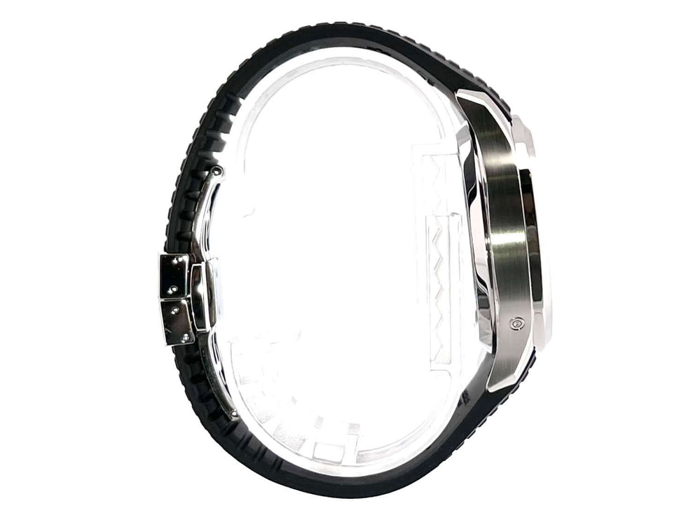 Seitenansicht der Patek Philippe Aquanaut Chronograph 5968A-001 mit schwarzem Kautschukband und poliert-satiertem Edelstahlgehäuse.