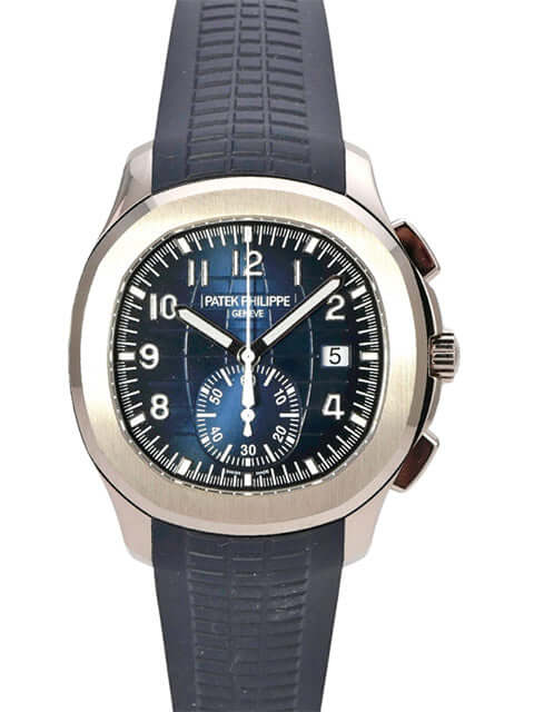 Patek Philippe Aquanaut Chronograph 5968G-001, 18 kt Weißgold, blaues Zifferblatt, Kautschukband, Automatikaufzug.