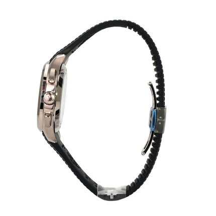 Patek Philippe Aquanaut Chronograph 5968G-001 seitliche Ansicht mit blauem Kautschukband und 18 kt Weißgold Gehäuse