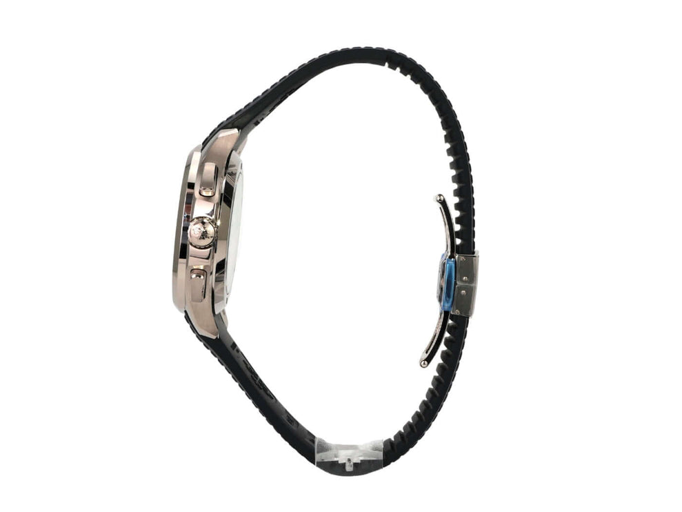 Patek Philippe Aquanaut Chronograph 5968G-001 seitliche Ansicht mit blauem Kautschukband und 18 kt Weißgold Gehäuse