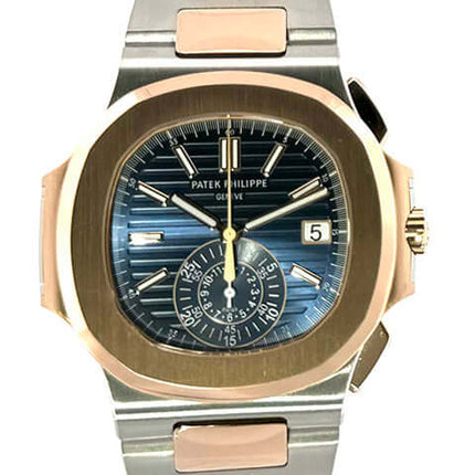 Patek Philippe Nautilus 5980/1AR-001 Armbanduhr aus Edelstahl und Roségold mit blauem Zifferblatt und polierten Goldindizes