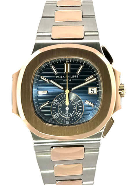 Patek Philippe Nautilus 5980/1AR-001 Armbanduhr aus Edelstahl und Roségold mit blauem Zifferblatt und polierten Goldindizes