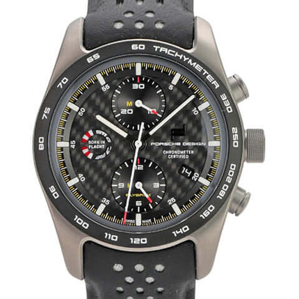 Porsche Design Chronograph 911 GT3RS 2023, Titan-Gehäuse, schwarzes Zifferblatt, Lederband, Automatikwerk, wasserdicht.