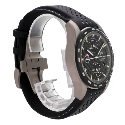 Porsche Design Chronograph 911 GT3RS 2023, Titan-Gehäuse, schwarzes Zifferblatt, schwarzes Lederband, Automatik, wasserdicht.