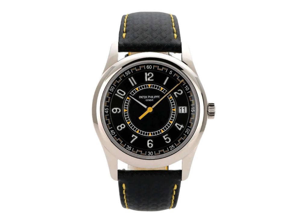 Patek Philippe Calatrava Weißgold 6007G-001, 40 mm, schwarzes Zifferblatt, schwarzes Lederarmband, elegante Uhr.
