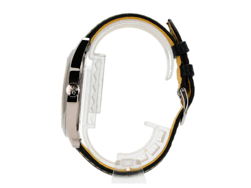 Patek Philippe Calatrava Weißgold 6007G-001, 18kt Gehäuse, schwarzes Lederarmband, elegantes Design, detailreiche Seite