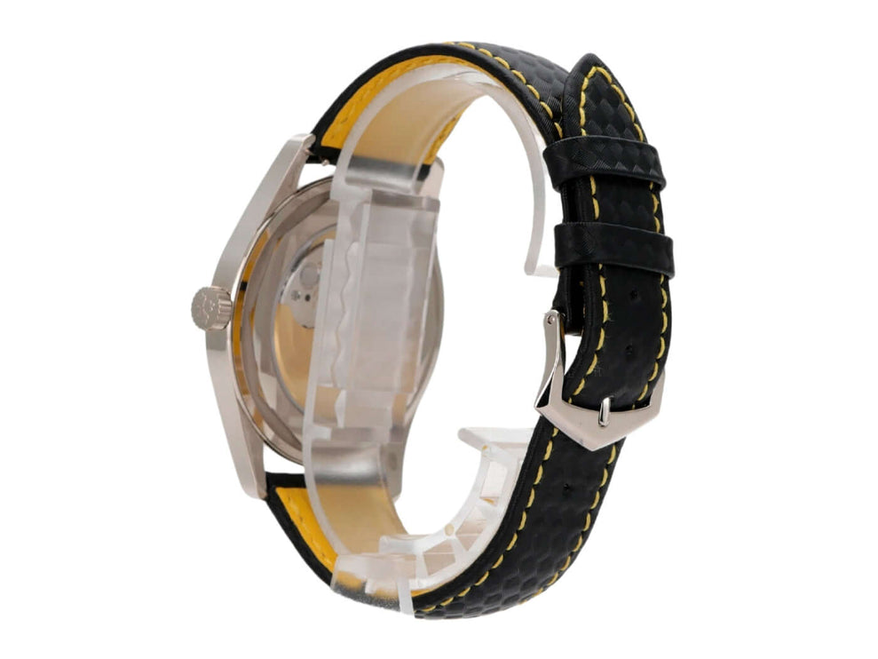 Seitenansicht der Patek Philippe Calatrava Weißgold 6007G-001 mit schwarzem Lederarmband und gelben Nähten.