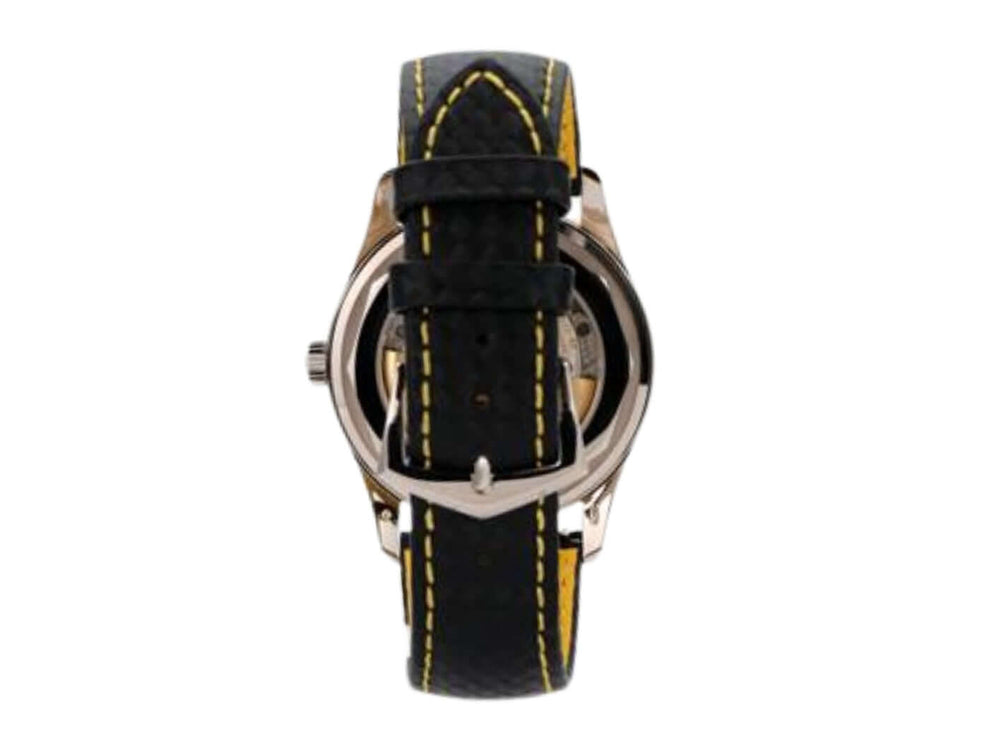 Patek Philippe Calatrava 6007G-001 mit schwarzem Lederarmband und gelbem Nähgarn, Detailansicht von hinten.