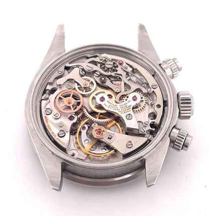 Rolex Daytona Edelstahl 6263 Gehäuse Rückansicht mit Uhrwerk und Mechanik, feine Details, Vintage-Uhr von ca. 1982, benutzter Zustand