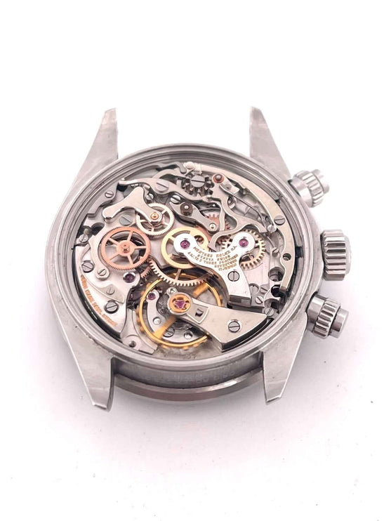 Rolex Daytona Edelstahl 6263 Gehäuse Rückansicht mit Uhrwerk und Mechanik, feine Details, Vintage-Uhr von ca. 1982, benutzter Zustand