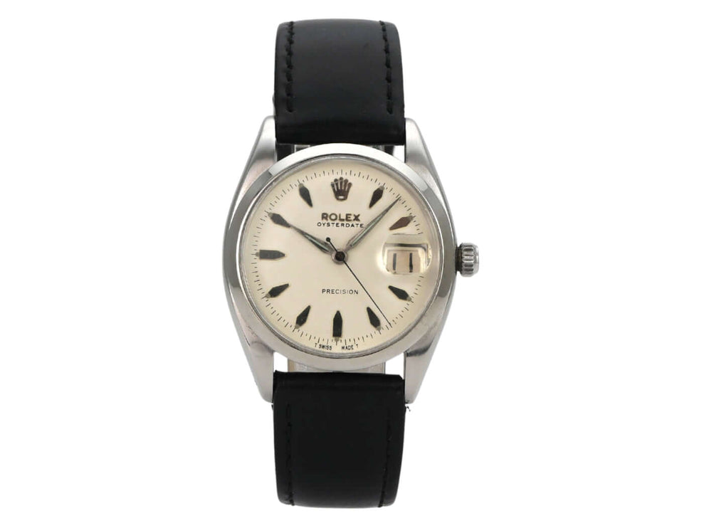 Rolex Oysterdate Precision 6494 Vintage-Damenuhr aus Edelstahl mit cremefarbenem Zifferblatt und Lederband