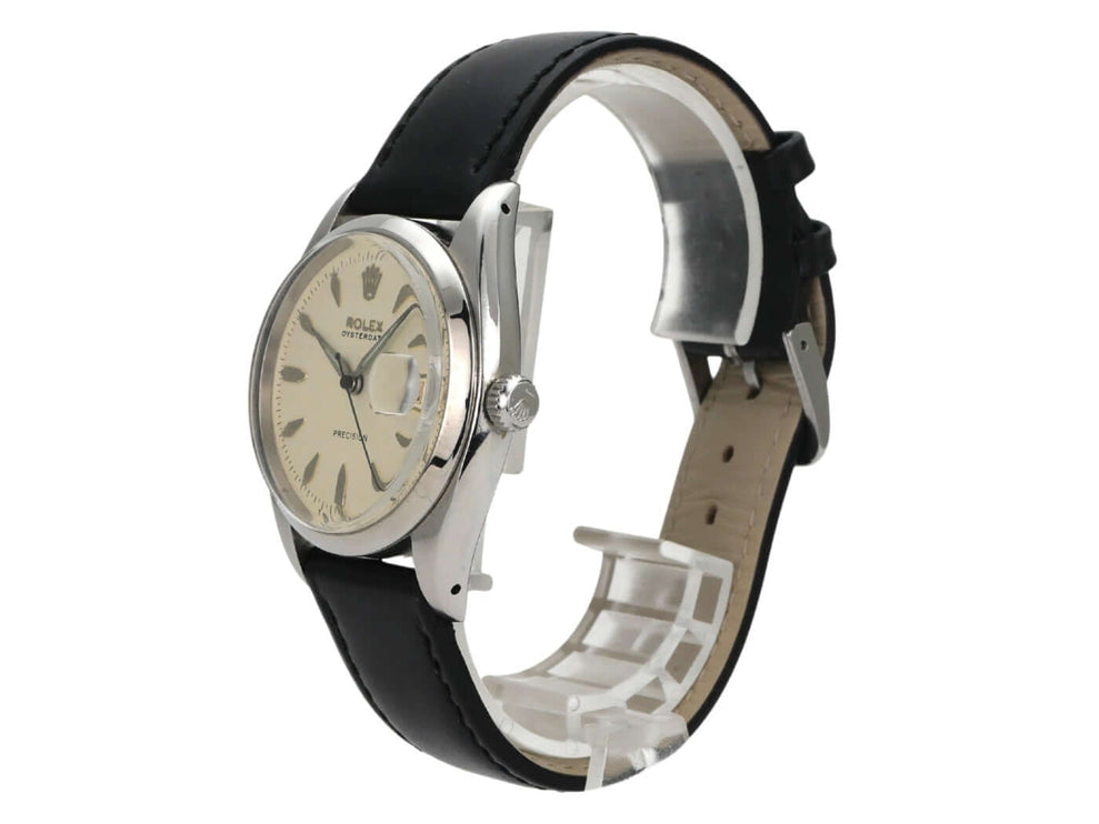 Rolex Oysterdate Precision 6494 Vintage Armbanduhr aus Edelstahl mit cremefarbenem Zifferblatt und Lederband