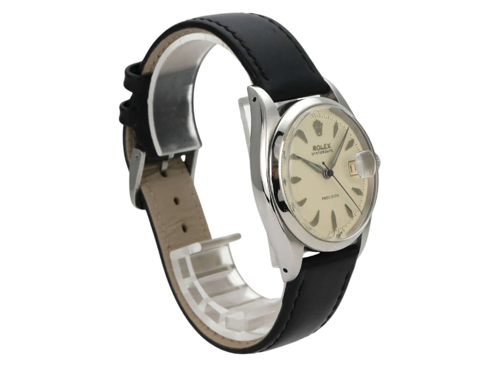 Rolex Oysterdate Precision 6494 Vintage-Armbanduhr mit cremefarbenem Zifferblatt, Edelstahlgehäuse und Lederband