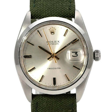 Rolex Oyster Date 34 Ref. 6694 Silber, Vintage Edelstahl-Armbanduhr mit grünem Textilband