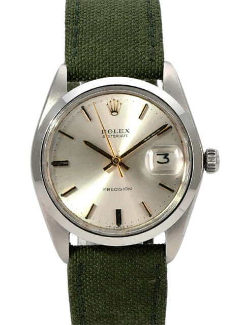 Rolex Oyster Date 34 Ref. 6694 Silber, Vintage Edelstahl-Armbanduhr mit grünem Textilband
