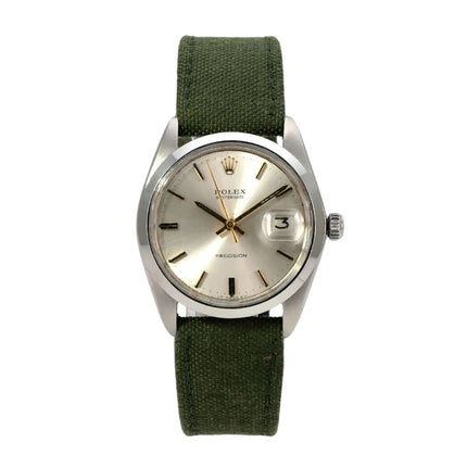 Rolex Oyster Date 34 Ref. 6694 Silber, Vintage Herrenuhr mit grünem Textilband und silbernem Zifferblatt