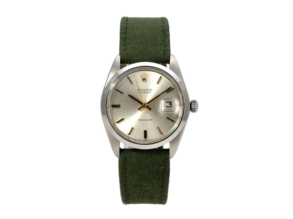 Rolex Oyster Date 34 Ref. 6694 Silber, Vintage Herrenuhr mit grünem Textilband und silbernem Zifferblatt