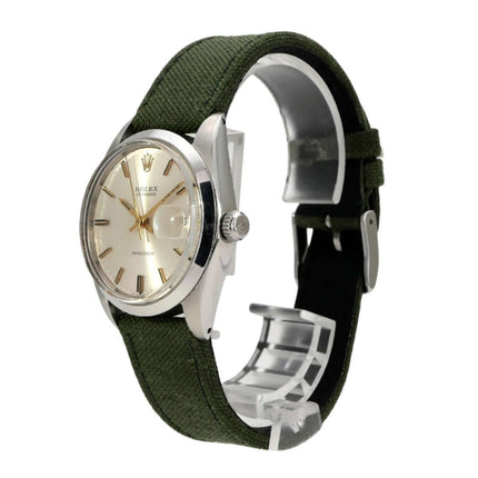 Rolex Oyster Date 34 Ref. 6694 Silber Vintage Herrenuhr mit grünem Textilband und silbernem Zifferblatt