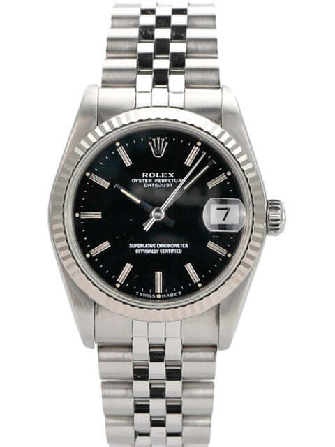 Rolex Oyster Datejust 31 Ref. 68274 mit schwarzem Zifferblatt und Jubile Edelstahlarmband, 31 mm Durchmesser.