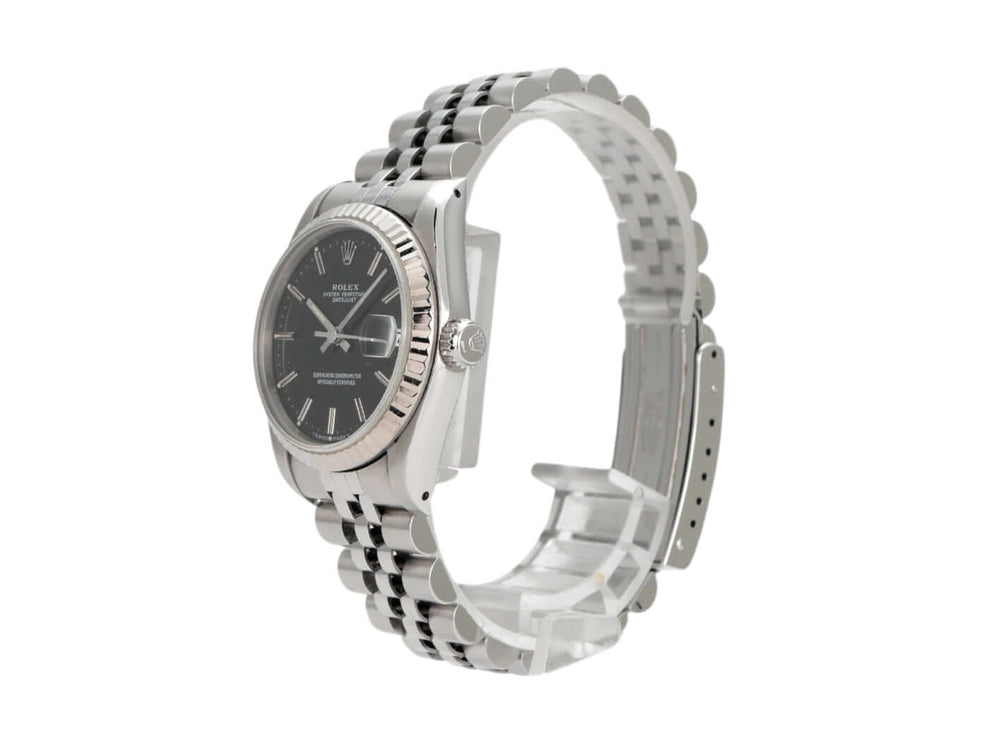 Rolex Oyster Datejust 31 Ref. 68274 mit schwarzem Zifferblatt und Jubile Edelstahlarmband.