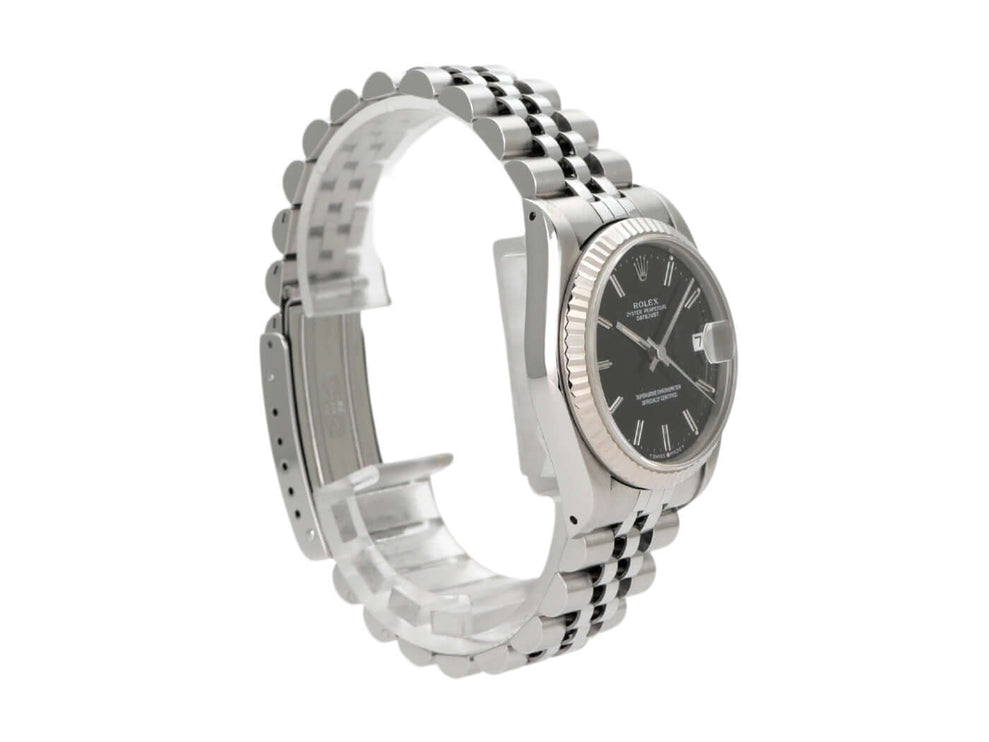 Rolex Oyster Datejust 31 Ref. 68274 mit schwarzem Zifferblatt und Jubile Edelstahl Armband in poliertem Design.