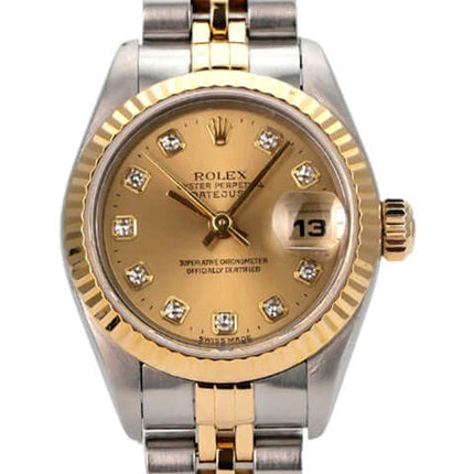 Rolex Datejust 26 Edelstahl Gelbgold Ref. 69173 Champagner Diamant mit Diamanten auf Zifferblatt.